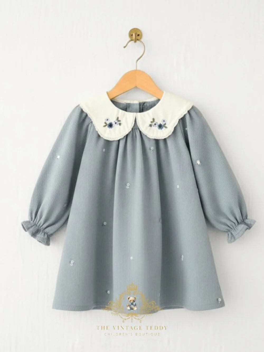 NWT Pretty Girls Floral Embroidered Bib Collar Long Sleeve Dress Corduroy 18-24M